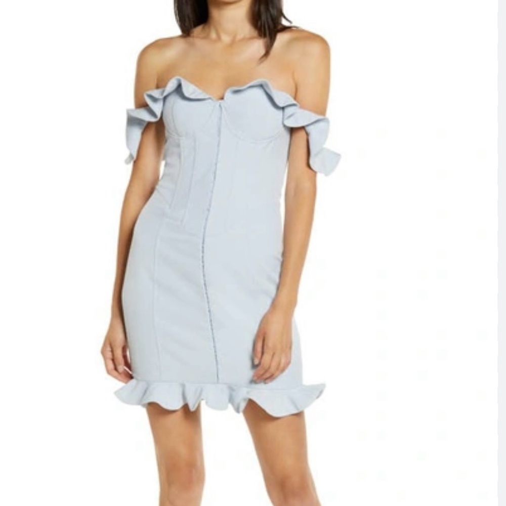 Lavish Alice Off-Shoulder Light Blue Mini Dress